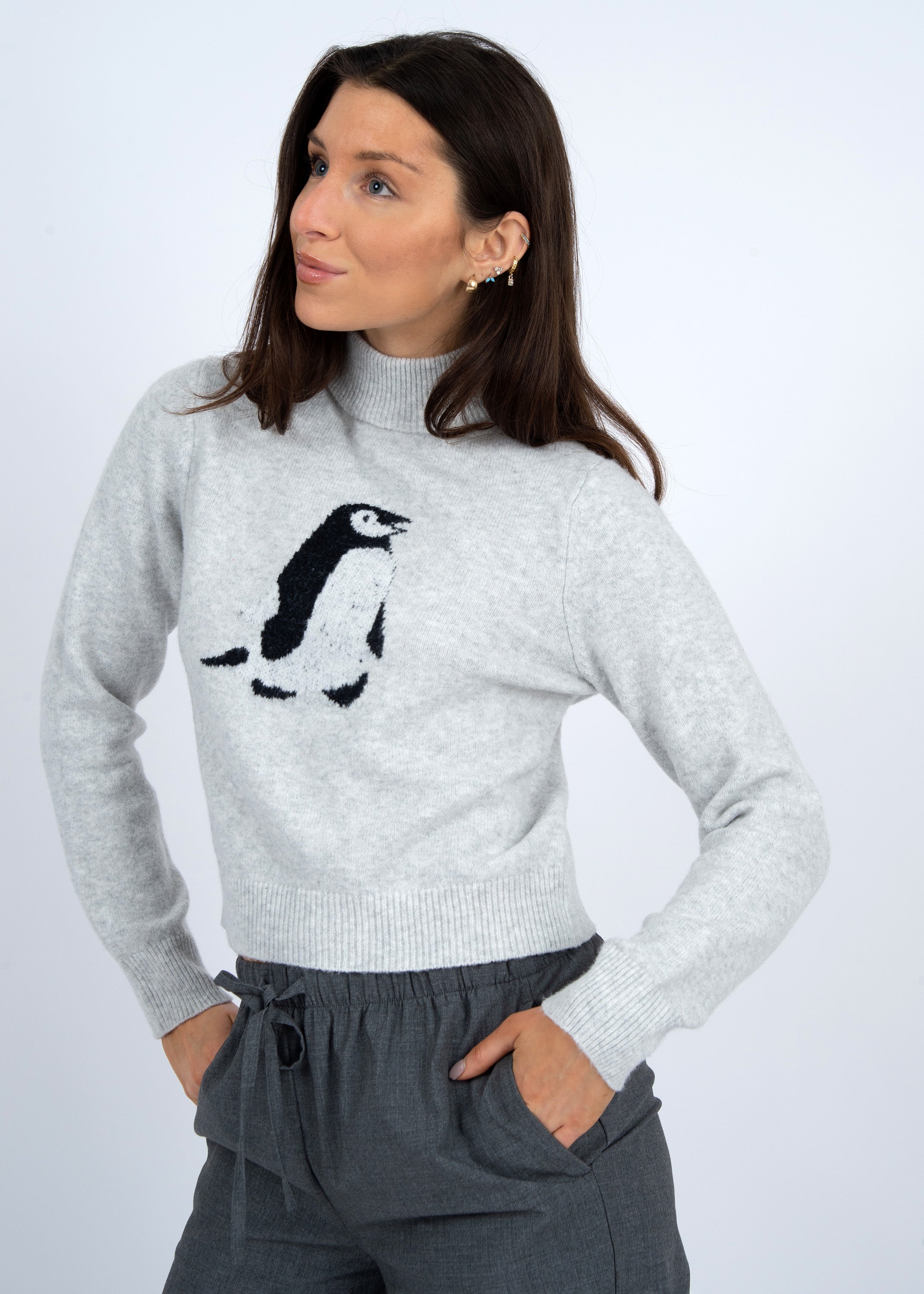 Mock Neck Pullover - grey with penguin print, womens sweater collection