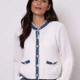 Cardigan With Denim Trim And Gold Buttons