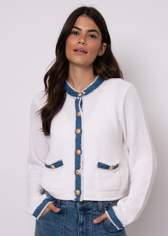 Cardigan With Denim Trim And Gold Buttons