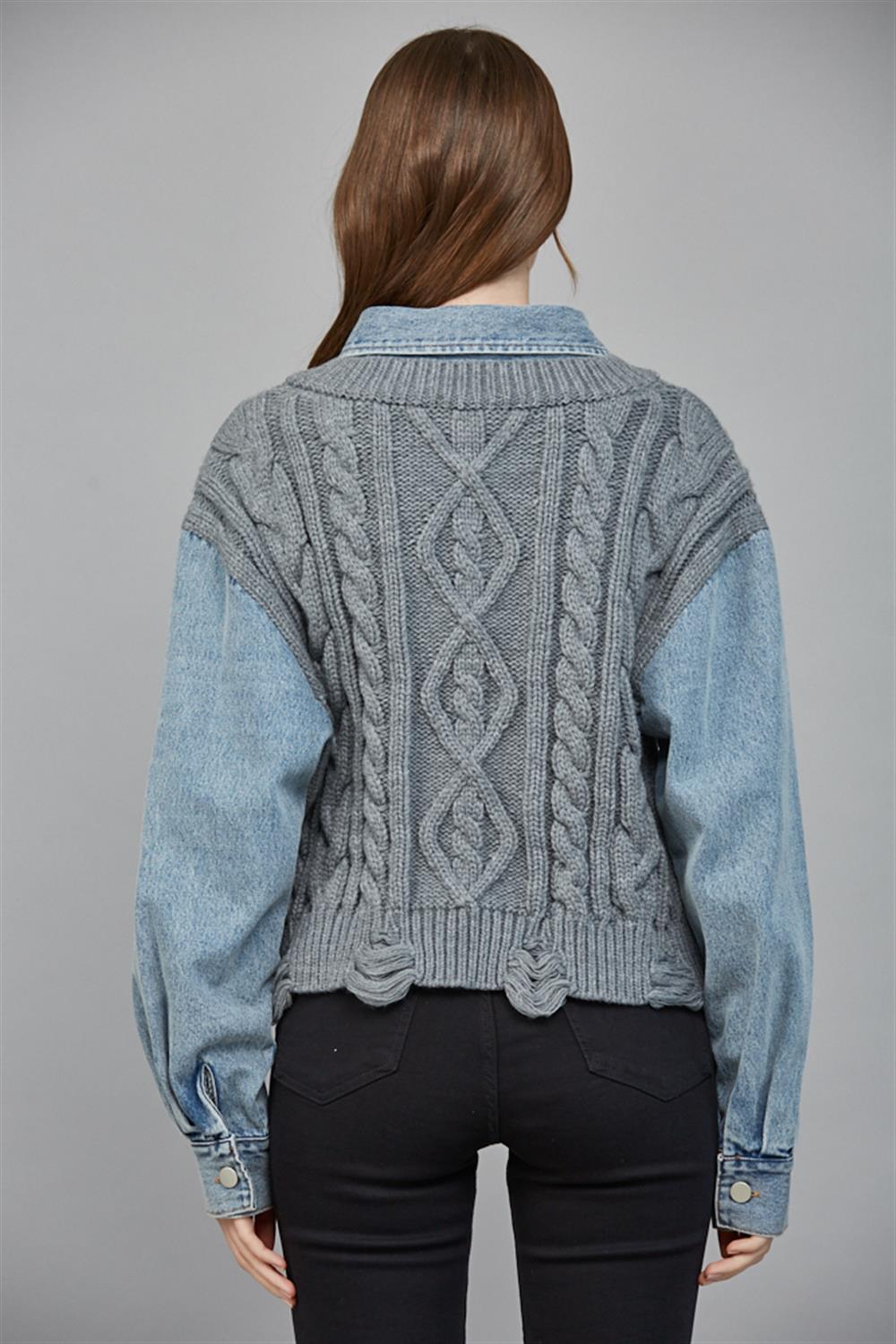 Denim Knit Collared Top - grey with denim sleeves, womens top collection