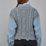 Denim Knit Collared Top - grey with denim sleeves, womens top collection