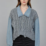 Denim Knit Collared Top - grey with denim sleeves, womens top collection