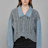 Denim Knit Collared Top - grey with denim sleeves, womens top collection