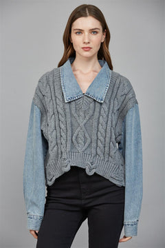 Denim Knit Collared Top - grey with denim sleeves, womens top collection