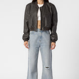 Faded Faux Leather Cropped Bomber