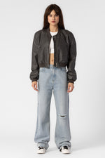 Faded Faux Leather Cropped Bomber