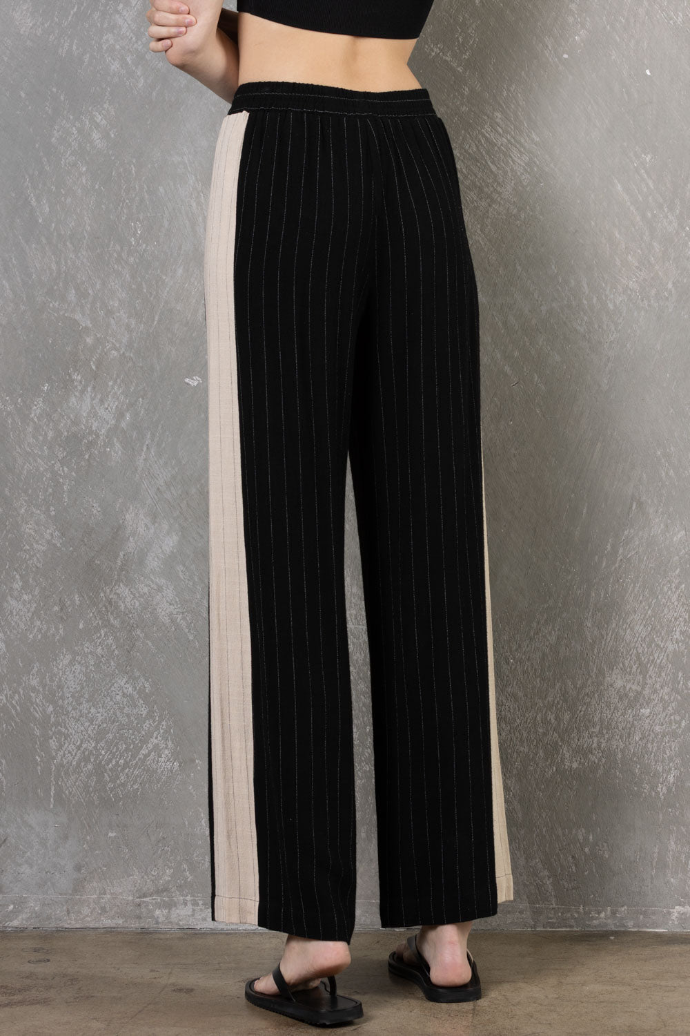Linen Striped Colorblock Pant - black and cream, women pant collection