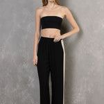 Linen Striped Colorblock Pant - black and cream, women pant collection