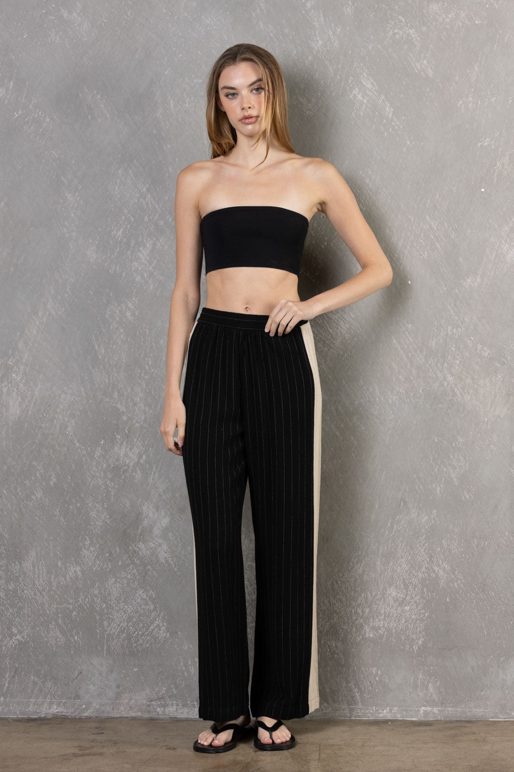 Linen Striped Colorblock Pant - black and cream, women pant collection