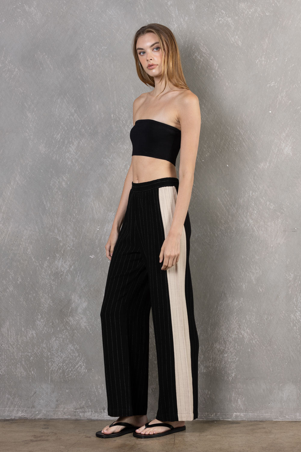 Linen Striped Colorblock Pant - black and cream, women pant collection