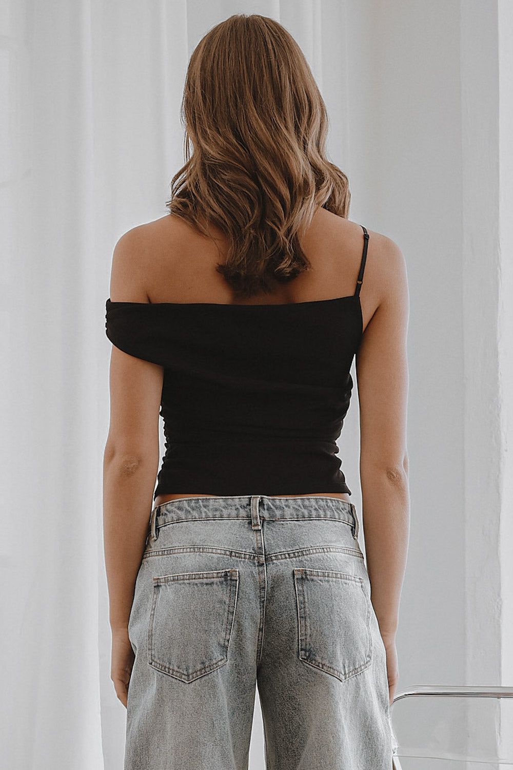 Asymmetric Ruched Tank Top - Black, Women's Tops Collection