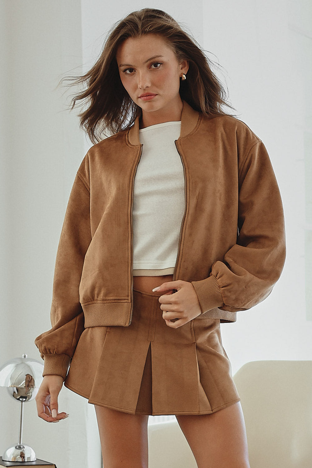 Faux Suede Bomber Jacket - Brown, Women's Jackets Collection