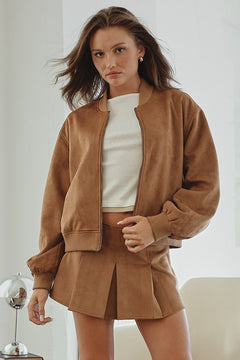 Faux Suede Bomber Jacket - Brown, Women's Jackets Collection