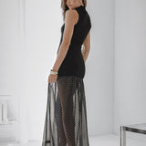 Turtleneck Ribbed Polka Dot Maxi Dress - black, womens dresses collection