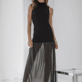 Turtleneck Ribbed Polka Dot Maxi Dress - black, womens dresses collection