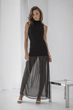 Turtleneck Ribbed Polka Dot Maxi Dress - black, womens dresses collection
