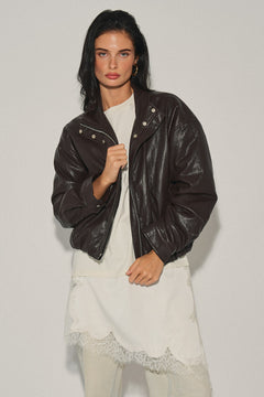 High Neck Leather Bomber Jacket