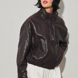 High Neck Leather Bomber Jacket