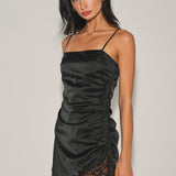 Side Lace Ruched Satin Mini Dress