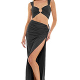 Gold Ring Bralette And Maxi Skirt Set - black, womens matching set collection