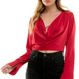Cropped Cowl Neck Top With Collar