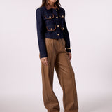 Denim Gold Button Jacket With Suede Trim