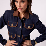 Denim Gold Button Jacket With Suede Trim