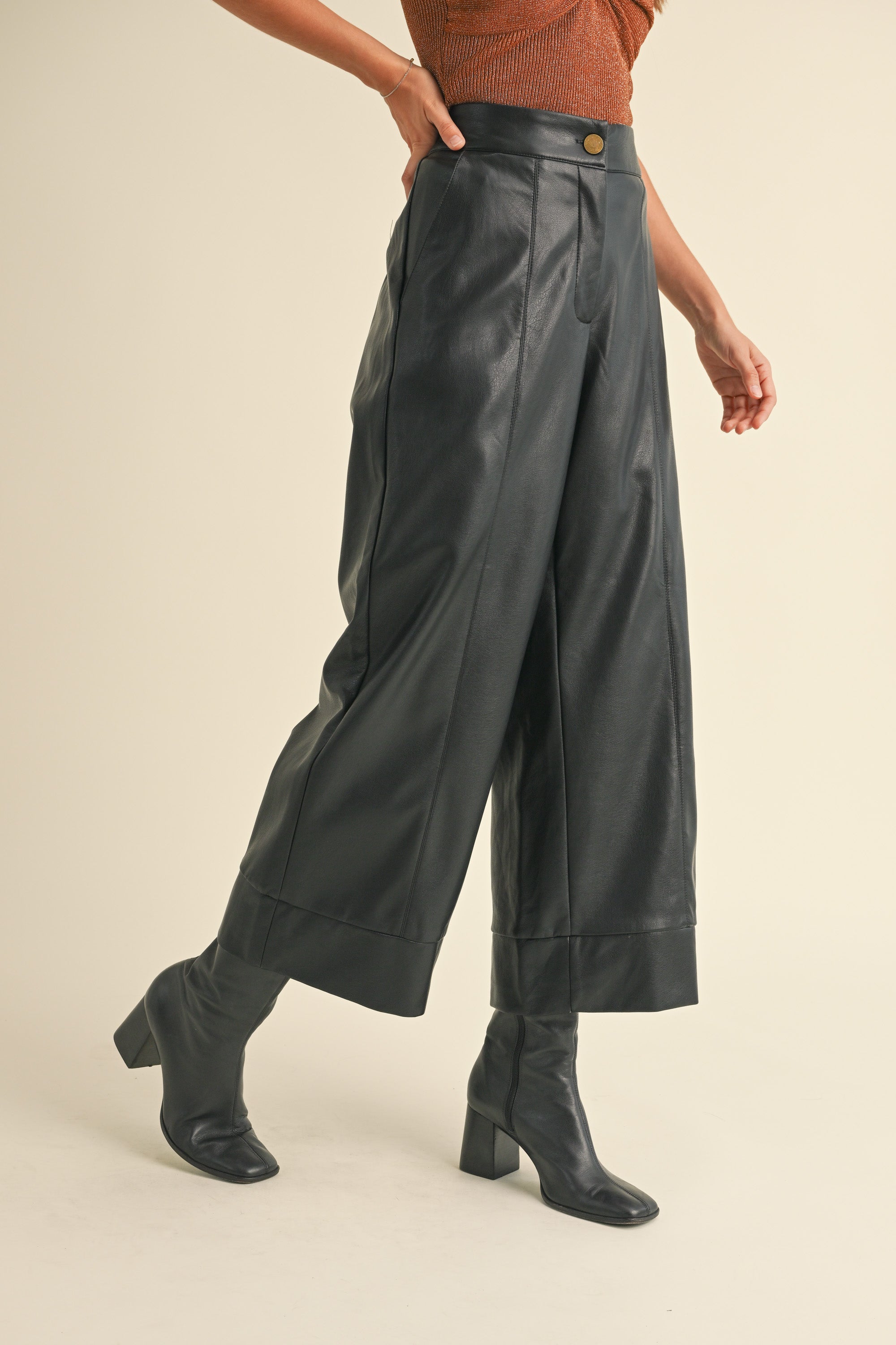 PU Wide Straight Leg Pant - black, womens pant collection