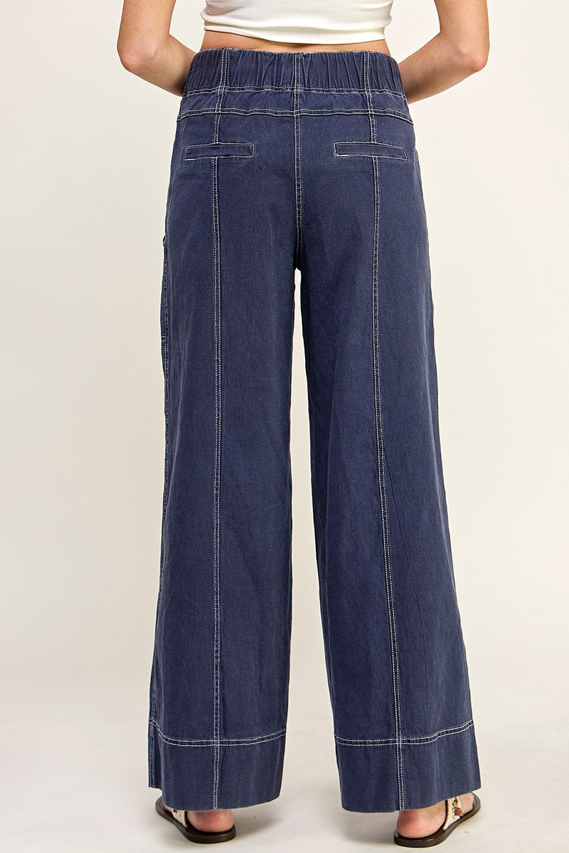 Tie Front White Stitch Wide Leg Jean - Navy Blue, Women's Jean Collection