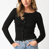Button Down Long Sleeve Tee - Black, Women's Tops Collection