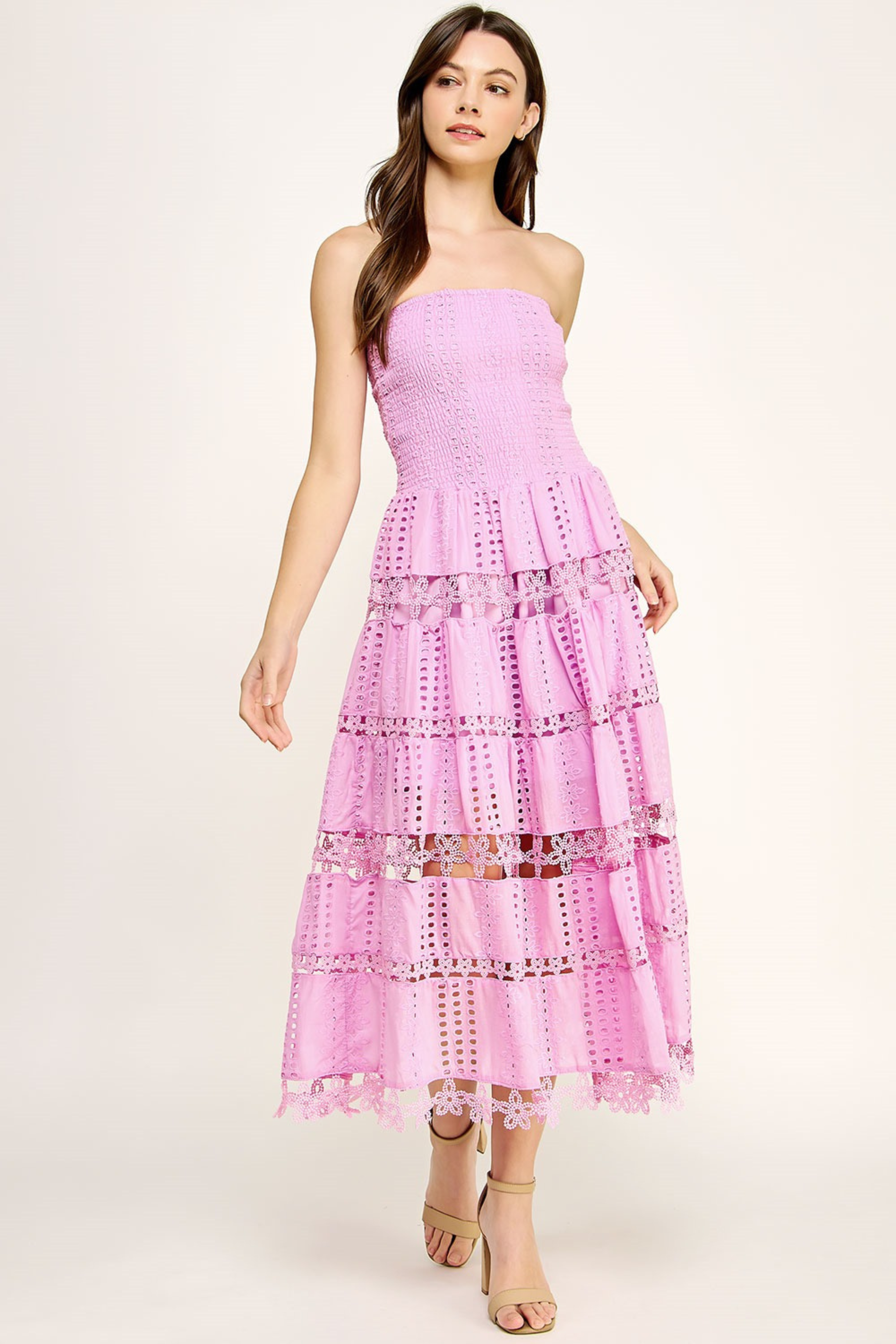 pink lace strapless dress Eyelet Lace Tube Dress Black / L