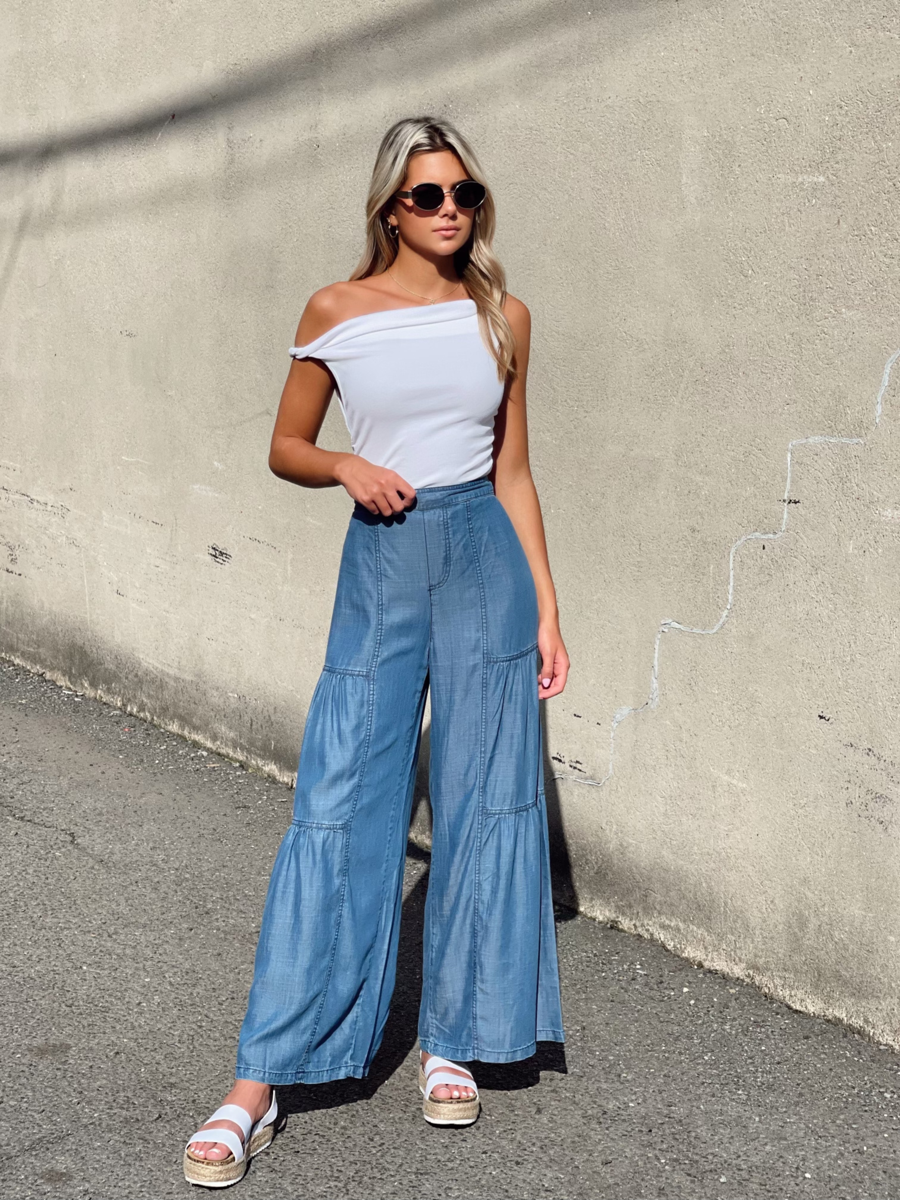 Tiered Wide Leg Pant - blue, womens pant collection 