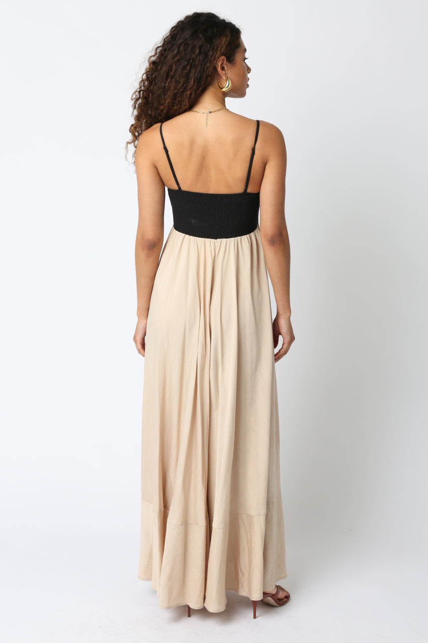 Flowy Two Tone Maxi Dress - Black/Khaki, Women's Dresses Collection