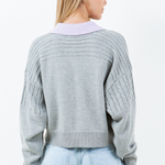 Contrast Collar Cable Pointelle Sweater - grey with lavender collar, womens sweater collection