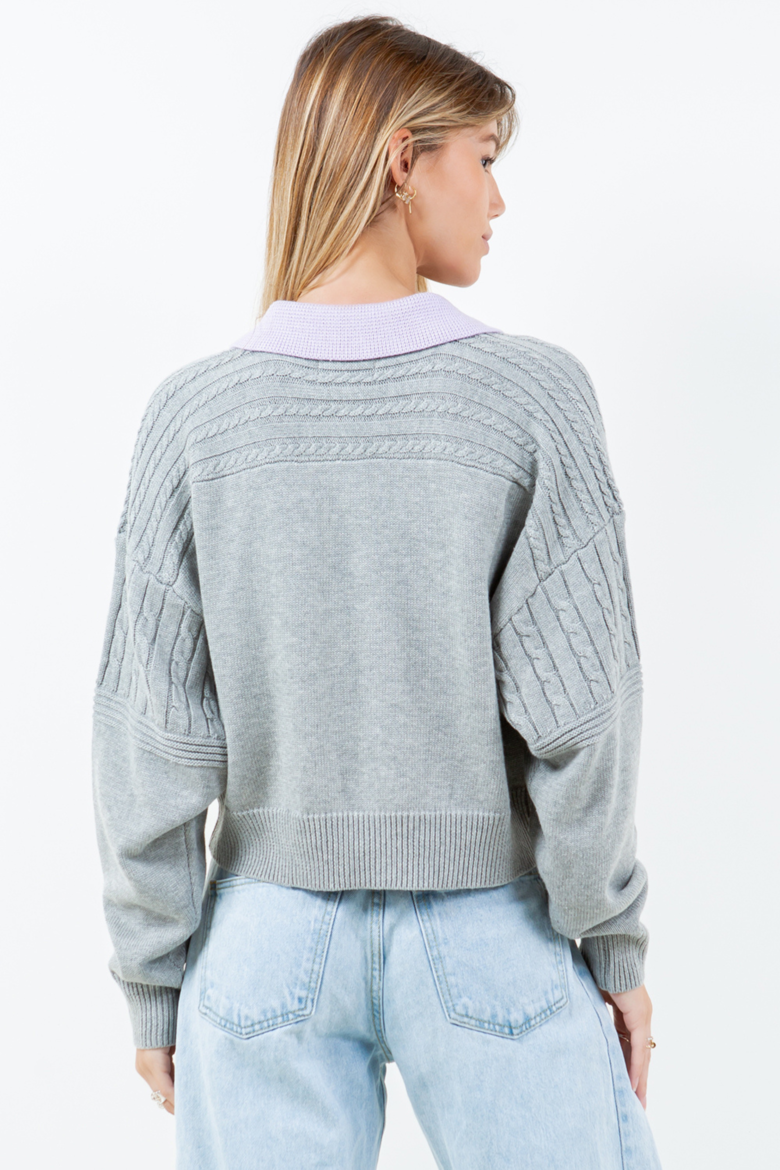 Contrast Collar Cable Pointelle Sweater - grey with lavender collar, womens sweater collection