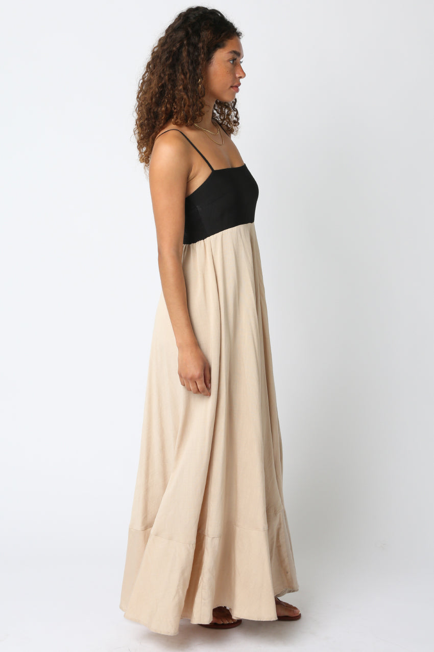 Flowy Two Tone Maxi Dress - Black/Khaki, Women's Dresses Collection