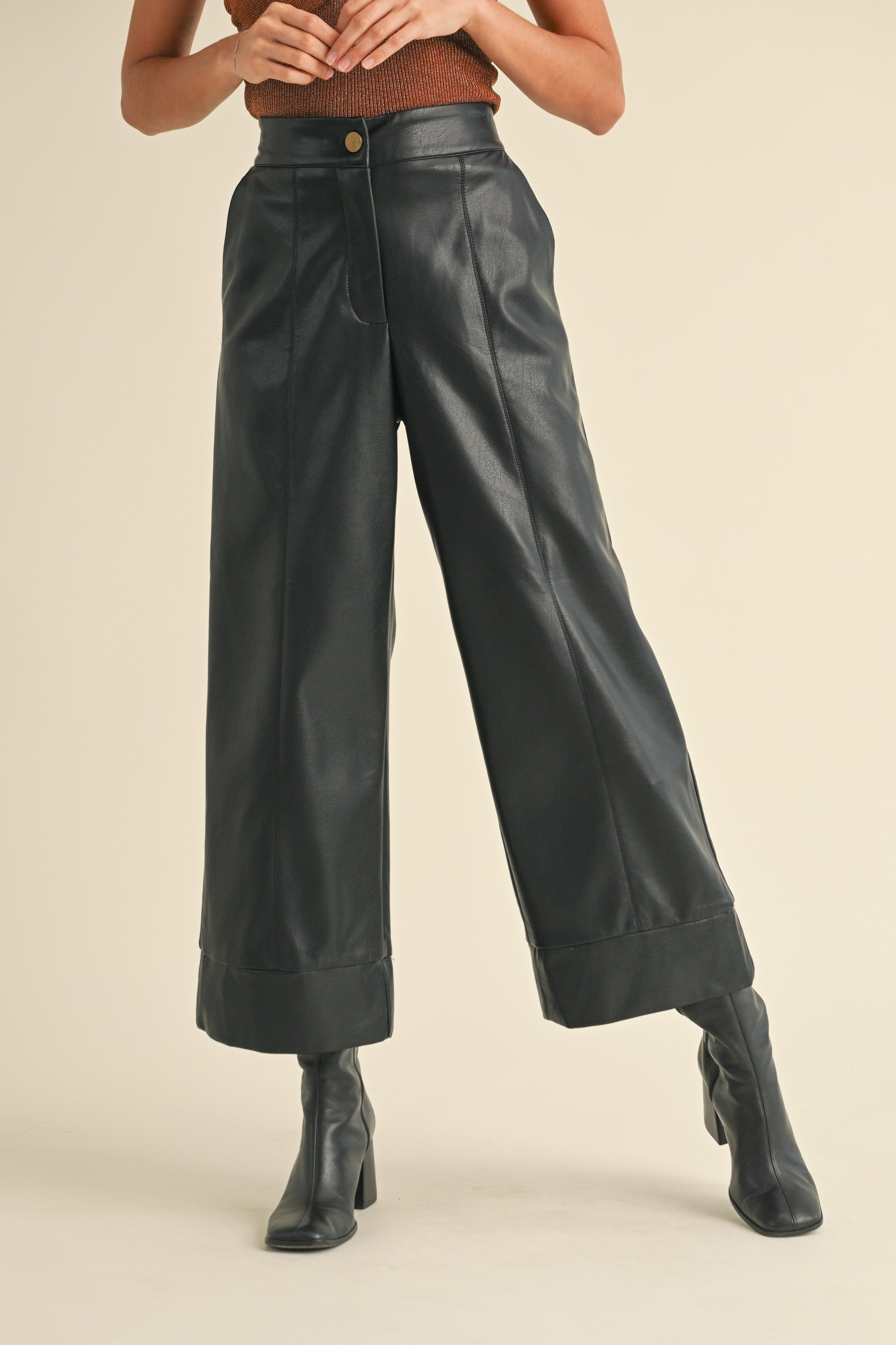 PU Wide Straight Leg Pant - black, womens pant collection