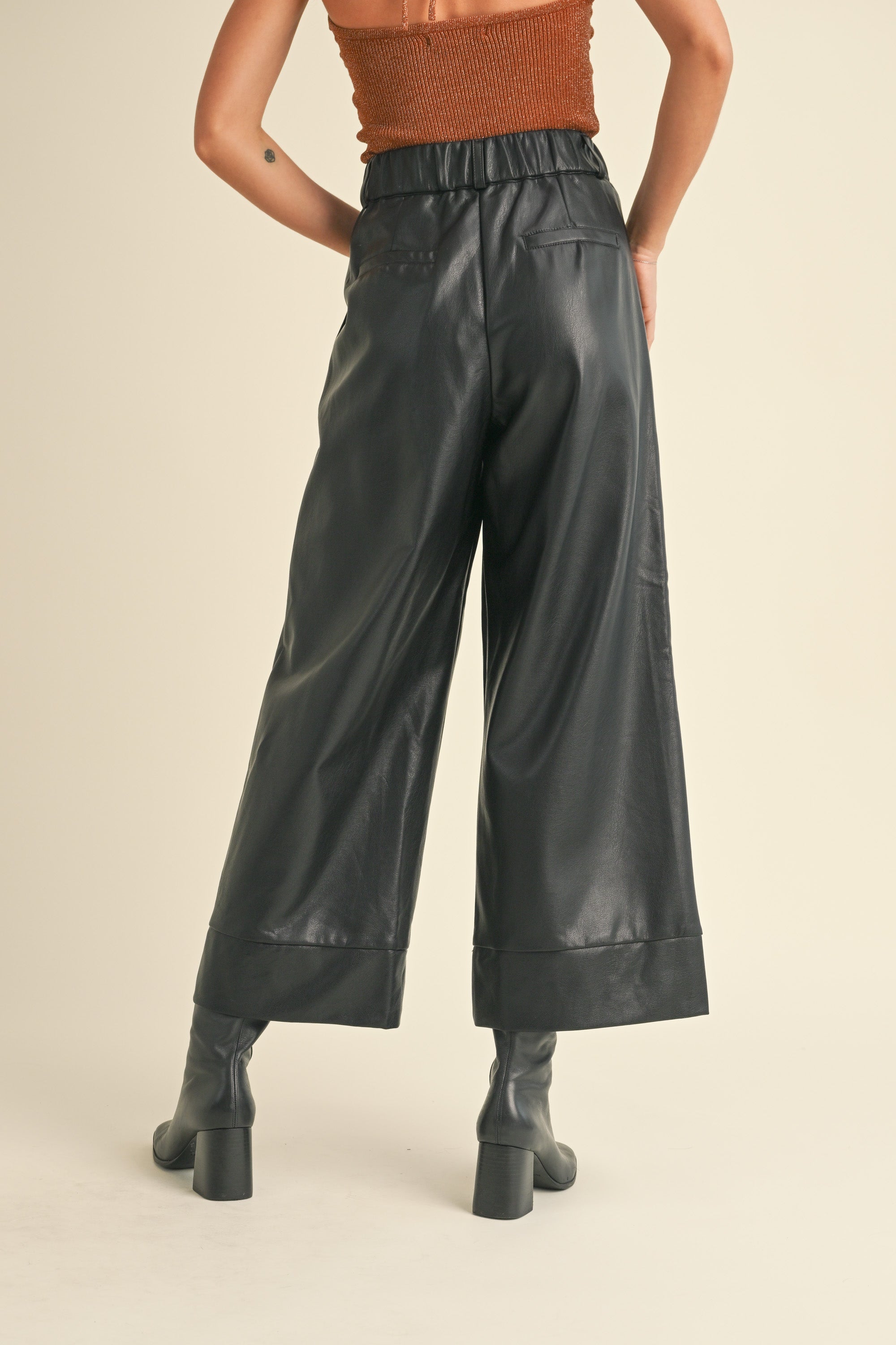 PU Wide Straight Leg Pant - black, womens pant collection
