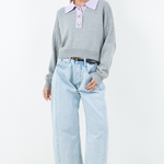 Contrast Collar Cable Pointelle Sweater - grey with lavender collar, womens sweater collection