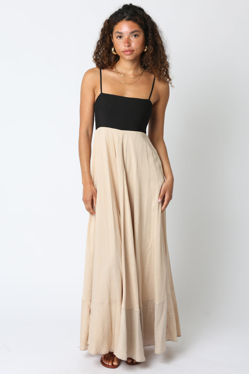 Flowy Two Tone Maxi Dress - Black/Khaki, Women's Dresses Collection