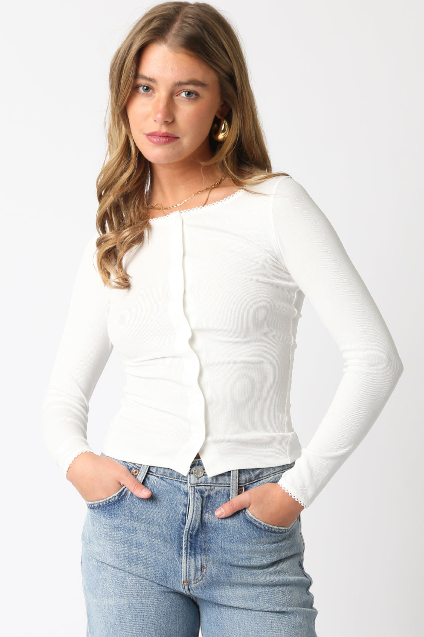 Button Down Long Sleeve Tee - White, Women's Tops Collection