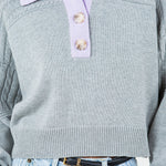 Contrast Collar Cable Pointelle Sweater - grey with lavender collar, womens sweater collection