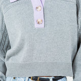 Contrast Collar Cable Pointelle Sweater - grey with lavender collar, womens sweater collection