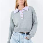 Contrast Collar Cable Pointelle Sweater - grey with lavender collar, womens sweater collection