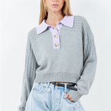 Contrast Collar Cable Pointelle Sweater - grey with lavender collar, womens sweater collection