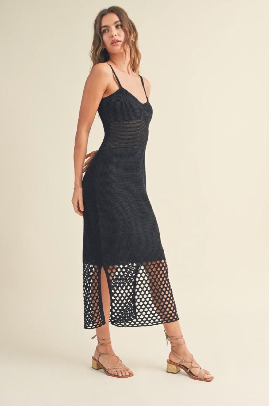 Net Pattern On Bottom Knitted Dress - Black, Women's Dresses Collection