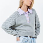 Contrast Collar Cable Pointelle Sweater - grey with lavender collar, womens sweater collection