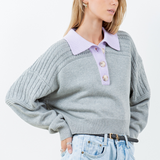 Contrast Collar Cable Pointelle Sweater - grey with lavender collar, womens sweater collection