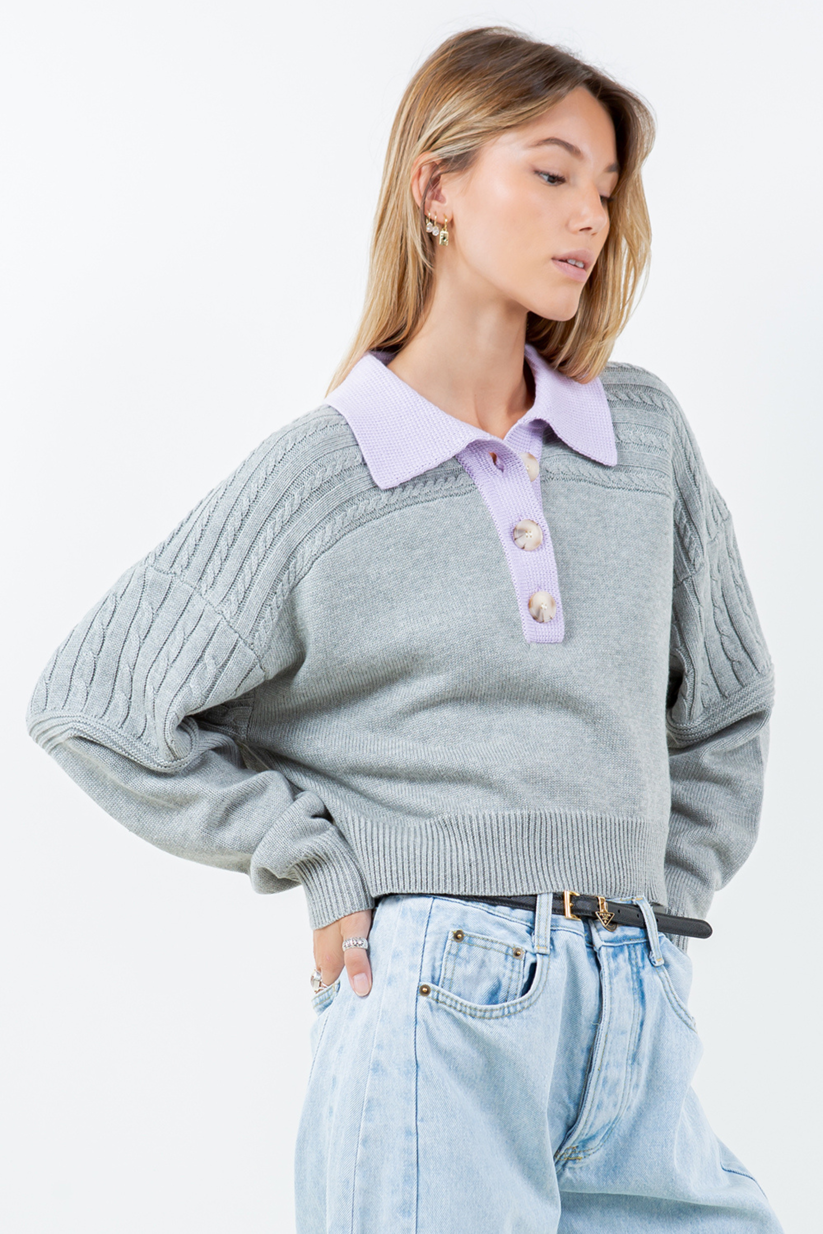 Contrast Collar Cable Pointelle Sweater - grey with lavender collar, womens sweater collection