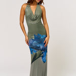 Cowl Halter Maxi Dress - green with blue flower, womens dress collection